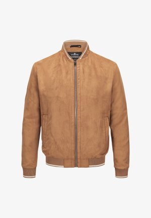 Hellbraune Wildleder-Bomberjacke mit Frontreißverschluss, gerippten Bündchen, Kragen und Bund mit weißen Streifenakzenten sowie seitlichen Taschen.