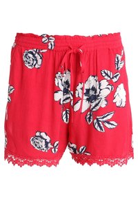 Rode bloemen shorts met een trekkoord in de taille, marineblauw bloemenpatroon, textuurstof en kantafwerking aan de onderkant.
