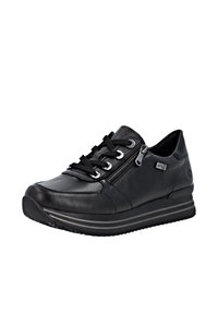 Black leather sneaker with laces and a side zipper. Features a cushioned sole with multiple horizontal stripes and a textured toe cap.