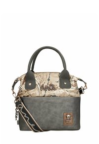 Bolso en tonos beige con patrón y gris, con doble asa y correa ajustable, que presenta el logo "Anekke" y un pequeño parche de gato etiquetado como "moda tendencia".