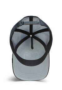 Black and gray baseball cap with a mesh back, flat brim, and adjustable snap closure. Interior features a smooth, gray fabric lining.
