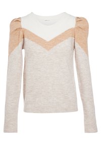 Suéter de punto beige y crema con un diseño en forma de V y mangas abullonadas. Hecho de una tela suave, cuenta con un brillo sutil en los detalles de los hombros.