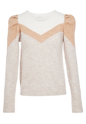 Beige en crème gebreide trui met een V-vormig ontwerp en poffende mouwen. Gemaakt van zachte stof, met een subtiele glans op de schouderaccenten.
