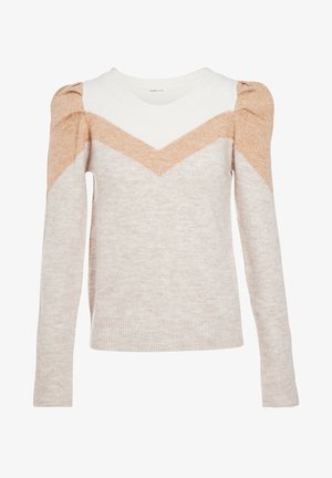 Pull en tricot beige et crème avec un design en V et des manches bouffantes. Fabriqué en tissu doux, avec un léger éclat sur les accents des épaules.