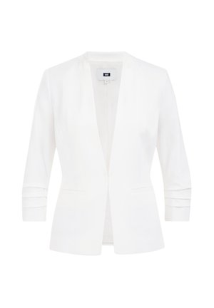 Blazer blanc sans col, avec des manches trois-quarts à revers et deux poches avant. Fabriqué en tissu texturé.