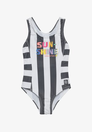 Czarny i biały kostium kąpielowy w paski z okrągłym dekoltem. Zawiera kolorowy napis "SUN-SHINE" oraz detal "makes me happy". Dołączona metka z logo marki.