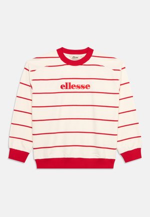 Biała bluza z długim rękawem z czerwonymi poziomymi paskami, czerwonym kołnierzem, mankietami, dołem oraz czerwonym logo „ellesse” na środku klatki piersiowej.