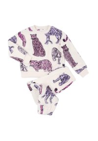 Sweatshirt and pants set in cream fabric, featuring various leopards in pink and purple tones, with ribbed cuffs and waistband.