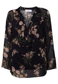 Svart blommig blus med långa ärmar, volangkrage och knappdetaljer. Har en genomskinlig textur med ljusrosa och gröna blommönster.
