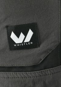 Harmaa kangas, jossa on urineet pinta, ja musta paikka, jossa on valkoinen tyylitelty logo ja sana "WHISTLER" valkoisella tekstillä.