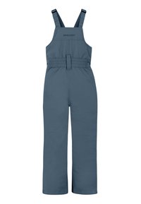 Modré izolační kombinézy s nastavitelnými popruhy, elastickým pasem a hladkým povrchem. Jednoduchý design bez výrazných vzorů nebo kovových doplňků.