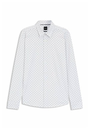 White long-sleeve shirt with a button-up collar, featuring a small red and blue pattern throughout. Cotton fabric, standard fit.