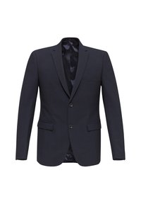 Blazer blu navy realizzato in tessuto dalla trama liscia, caratterizzato da due tasche frontali, chiusura con un solo bottone e foderatura interna in seta.
