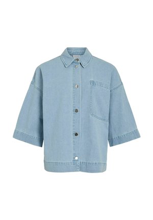Veste en denim bleu clair à manches courtes avec boutons sur le devant, col et une seule poche poitrine côté gauche.