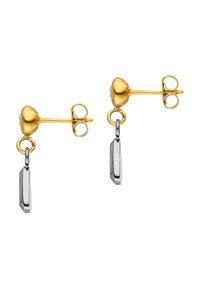 Gold and silver earrings featuring a spherical gold top with a sleek, geometric silver dangling piece, showcasing a polished finish.