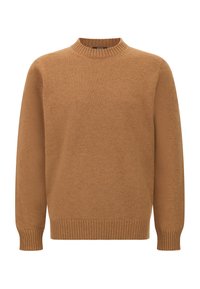 Maglione marrone lavorato a maglia con scollo rotondo e polsini a coste. Texture morbida, taglio dritto e design minimale senza motivi o accenti visibili.