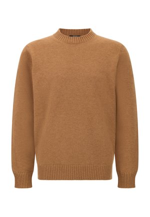 Suéter marrón de punto con cuello redondo y puños acanalados. Textura suave, corte recto y diseño minimalista sin patrones ni adornos visibles.