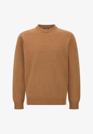 Hnedý pletený sveter s rebrovaným okrúhlym výstrihom a manžetami. Mäkká textúra, rovný strih a minimalistický dizajn bez viditeľných vzorov alebo akcentov.