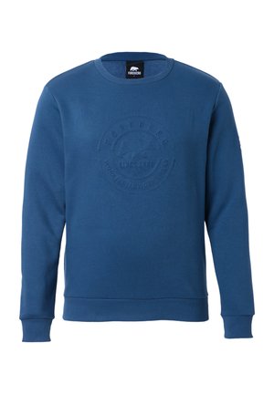 Sudadera azul con cuello redondo, logo texturizado en la parte frontal y puños y dobladillo acanalados. Fabricada con material suave y cómodo.