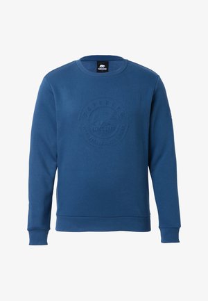 Blauwe sweatshirt met een ronde hals, textuur logo op de voorkant en geribde mouwen en zoom. Gemaakt van zacht, comfortabel materiaal.