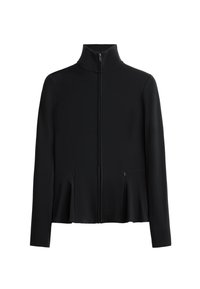 Black zip-up jacket with high collar, made from a smooth, stretchy fabric. Features side pockets and a flared hem design.
