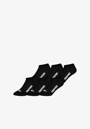 Schwarze Knöchelsocken mit weißem "STARTER"-Logo, mit einem gerippten Bündchen und einer glatten Textur, präsentiert in einem Pack mit fünf Paaren.