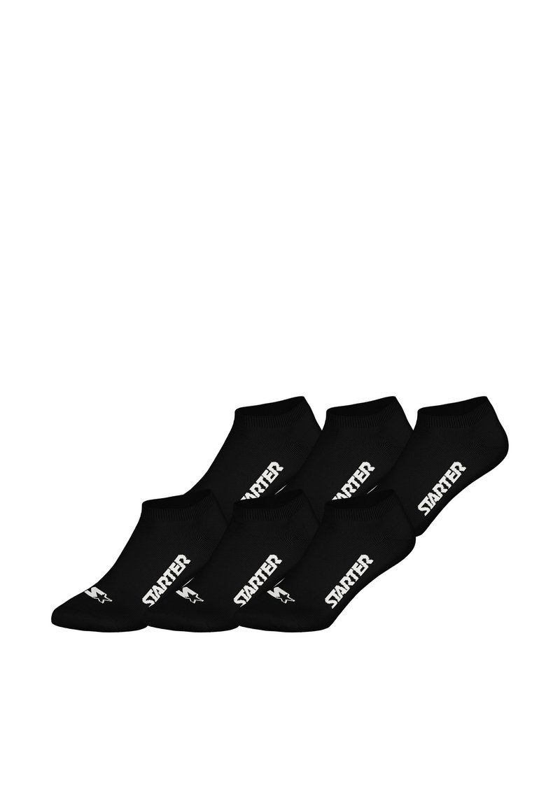 Schwarze Knöchelsocken mit weißem "STARTER"-Logo, mit einem gerippten Bündchen und einer glatten Textur, präsentiert in einem Pack mit fünf Paaren.