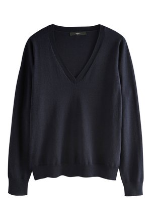 Pulover bleumarin închis cu mâneci lungi și guler în V, cu manșete și tiv striate, așezat plat pe un fundal alb.