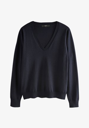 Mørk marineblå langærmet V-hals sweater med ribkanter ved ærmer og bund, lagt fladt på en hvid baggrund.
