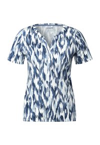 Top a maniche corte con scollo a V, realizzato in tessuto con motivi astratti blu e bianchi, texture morbida e vestibilità rilassata.
