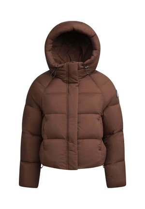 Chaqueta acolchada marrón con capucha, que presenta un diseño acolchado, cierre frontal con cremallera y detalles ajustables.