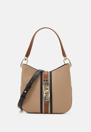 Sac à main beige avec des rayures verticales marron et noires, détail du fermoir en métal doré, une anse supérieure marron unique et une bandoulière noire ajustable.