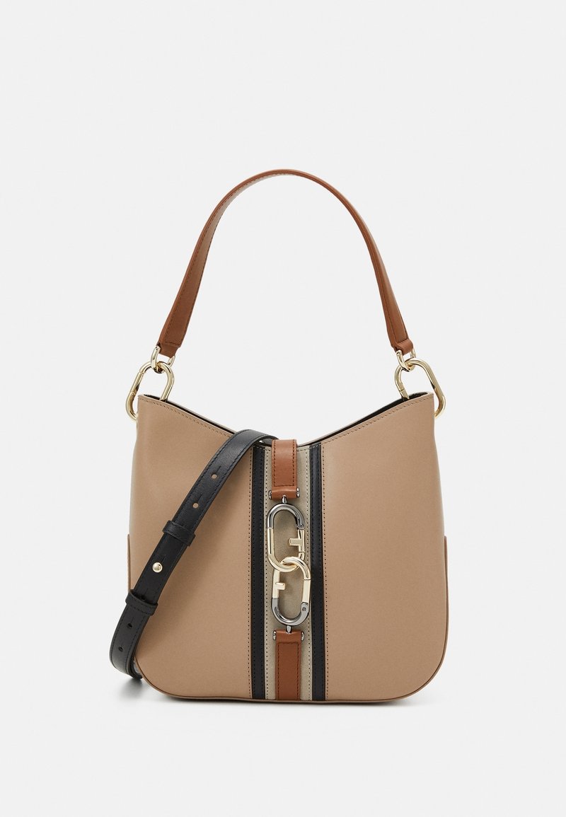 Sac à main beige avec des rayures verticales marron et noires, détail du fermoir en métal doré, une anse supérieure marron unique et une bandoulière noire ajustable.