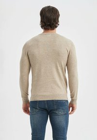 Pull en tricot beige à manches longues, col rond et poignets côtelés, associé à un jean bleu. Design minimaliste sans motifs ni logos.