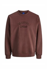 Brown sweatshirt with a crew neckline, featuring an embroidered "ORIGINALS Studio" design in a tonal finish. Soft, textured fabric.