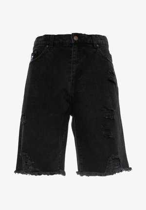 Black denim shorts with a frayed hem, featuring distressed rips and a straight cut. Includes traditional front pockets and a metal button.
