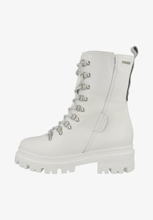 Weiße Leder-Ankle-Boots mit Schnürung, silbernen Beschlägen und einer stabilen Gummisohle. Verfügt über eine Zuglasche hinten und verstärkte Nähte.