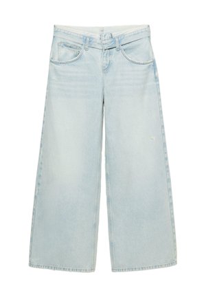 Jasnoniebieskie dżinsy o szerokim kroju, wykonane z denimu, z klasycznym pięciopocketowym designem i delikatnymi przetarciami z przodu.