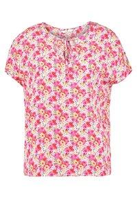 Blusa floral de manga corta con una mezcla de flores rosas, amarillas y blancas sobre un fondo claro; ligera, de corte relajado y cuello redondo.