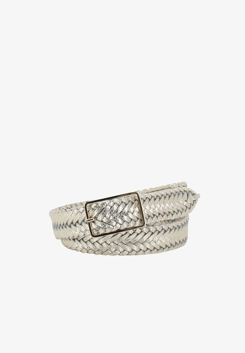 Gewebter silberner Gürtel mit einer rechteckigen Metallschnalle; verfügt über eine geflochtene Textur und eine glatte, glänzende Oberfläche entlang seiner gesamten Länge.