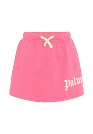 Gonna rosa di cotone con cintura elastica e coulisse bianca, tasche laterali e scritta bianca "palm" sul lato inferiore destro.