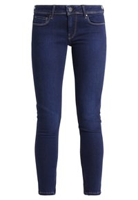 Vaqueros oscuros de corte ajustado, fabricados en denim, con un diseño de cinco bolsillos, cierre frontal con botón y acentos de costura clara.