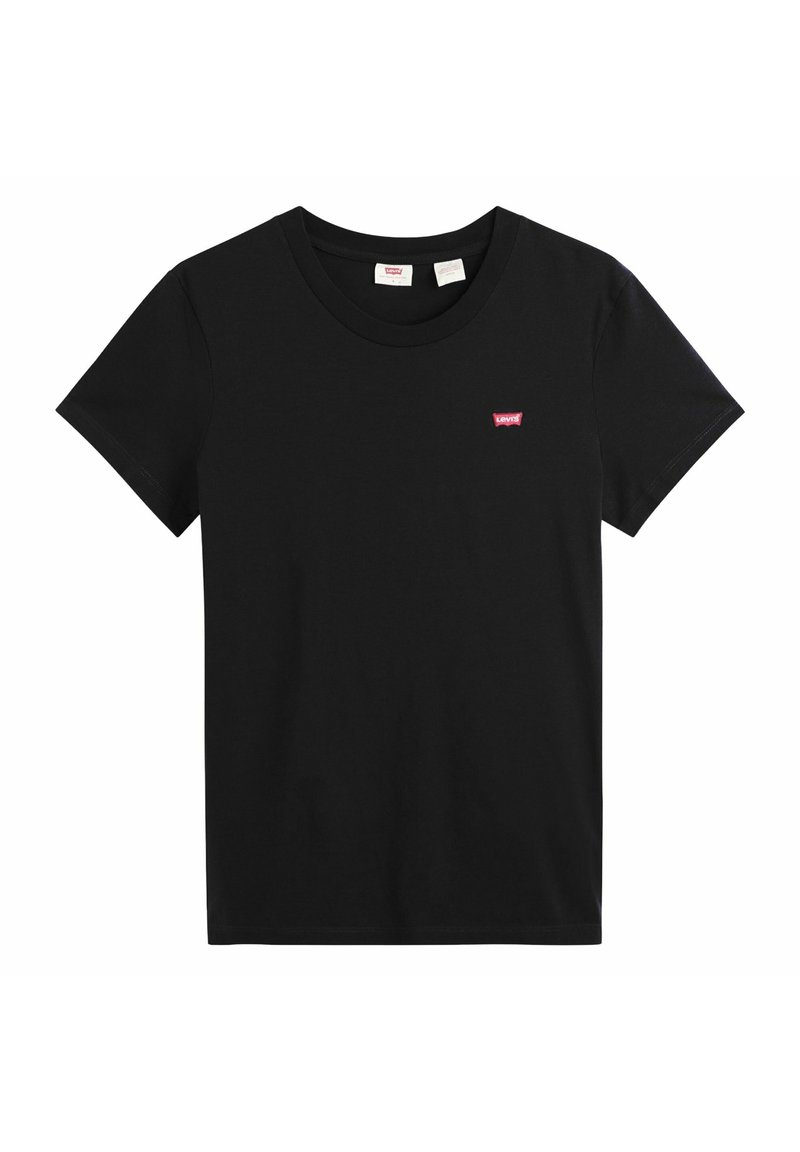 Schwarzes T-Shirt mit kurzen Ärmeln und Rundhalsausschnitt mit kleinem rotem Levi's-Logo auf der linken Brust, dargestellt vor weißem Hintergrund.