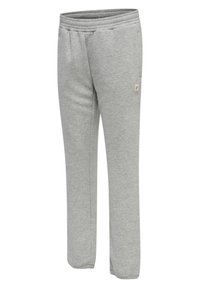 Jasnoszare spodnie dresowe z elastycznym pasem i ściągaczami, z małą prostokątną naszywką marki na górnej lewej części uda.
