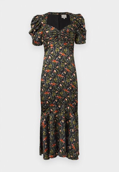 Robe noire à fleurs avec des manches bouffantes, un décolleté carré et un ourlet évasé. Le matériau a une texture lisse avec des motifs floraux colorés.