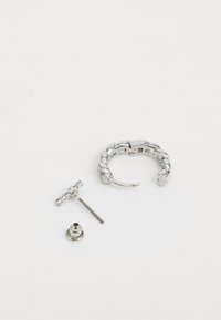 Silver hoop earring with a chain link design; includes a stud earring with a vertical row of clear gemstones and a metal backing.