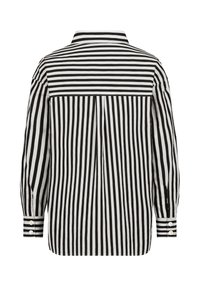 Black and white striped long-sleeve shirt with a collar, featuring a straight back, button cuffs, and a pleat detail in the center.