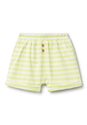 Pantaloni corti a righe in cotone verde chiaro e bianco. Vita elastica con due bottoni in legno e tasche laterali. Morbido al tatto.