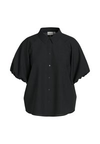Svart kortärmad skjorta med knäppning framtill, bred krage och texturerad tyg. Har pösiga ärmar och en löst sittande design.
