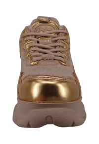 Pink suede sneaker with metallic gold accents, round toe, flat laces, thick sole, and embossed logo detail on the tongue.